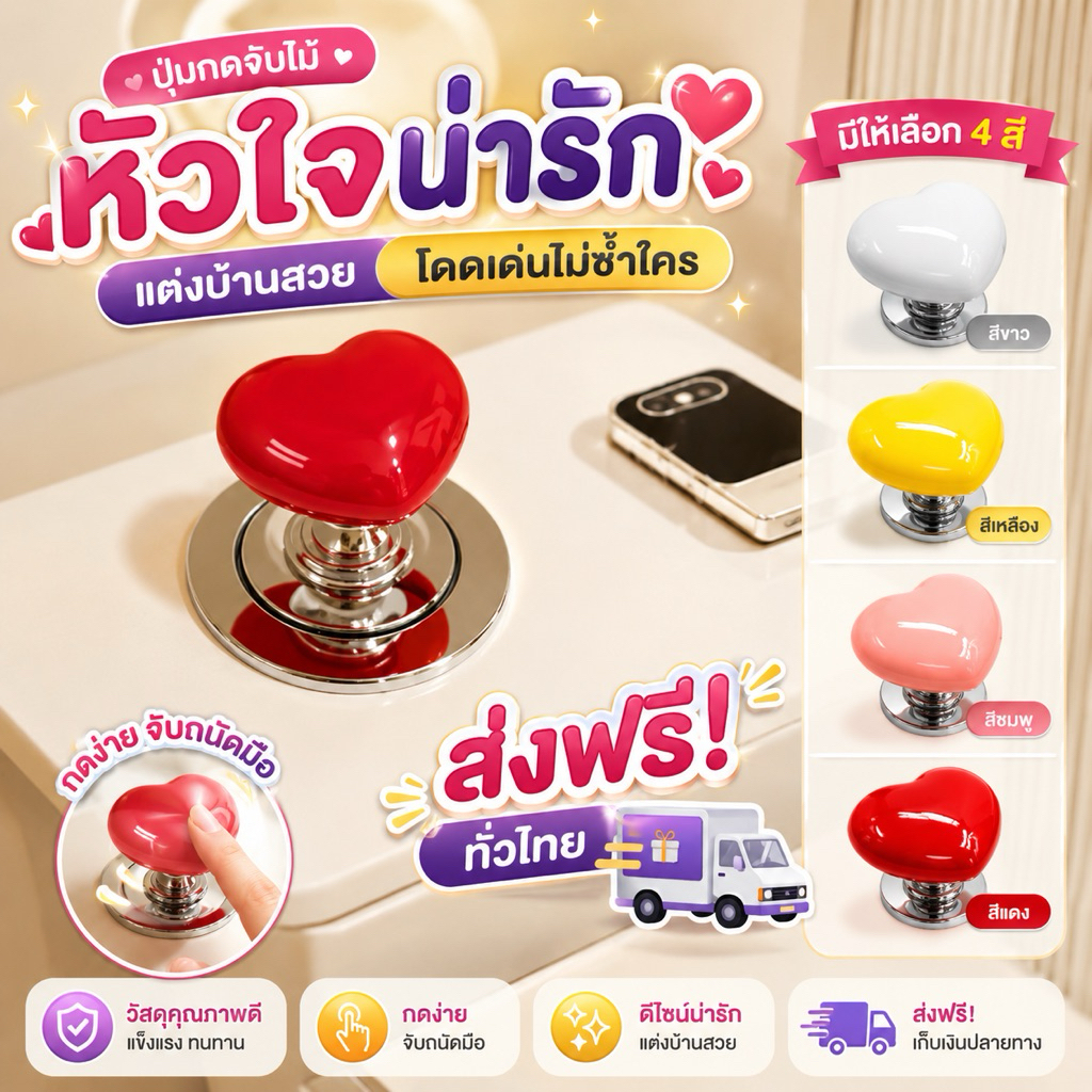 365mallshop (M238）ปุ่มสวิตซ์โถสุขภัณฑ์รูปหัวใจ มีกาวอยู่ในตัว ใช้งานง่าย