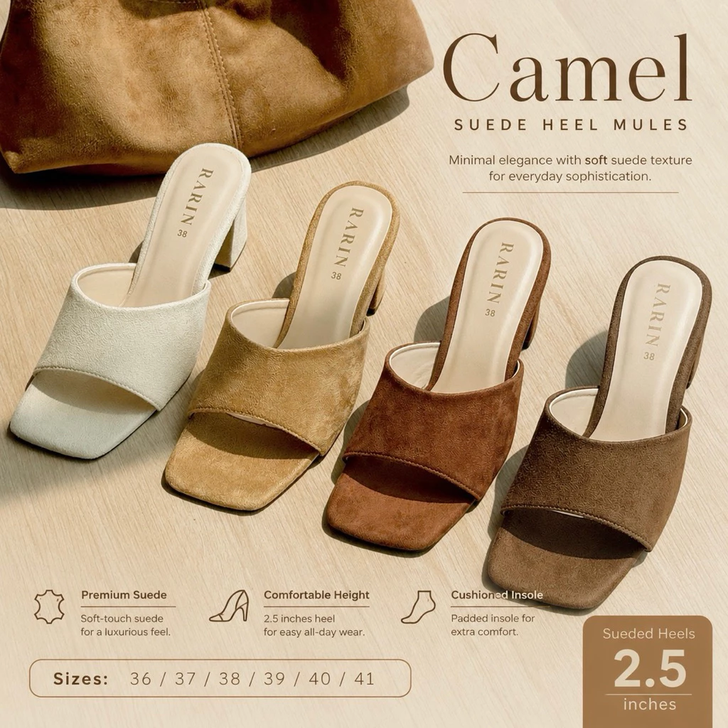Rarin รุ่น [ Camel ] 36 - 41 รองเท้าส้นสูง 2.5นิ้ว หนังกลับ **เท้าอวบ/เท้ากว้าง เพิ่ม 1 ไซส์**