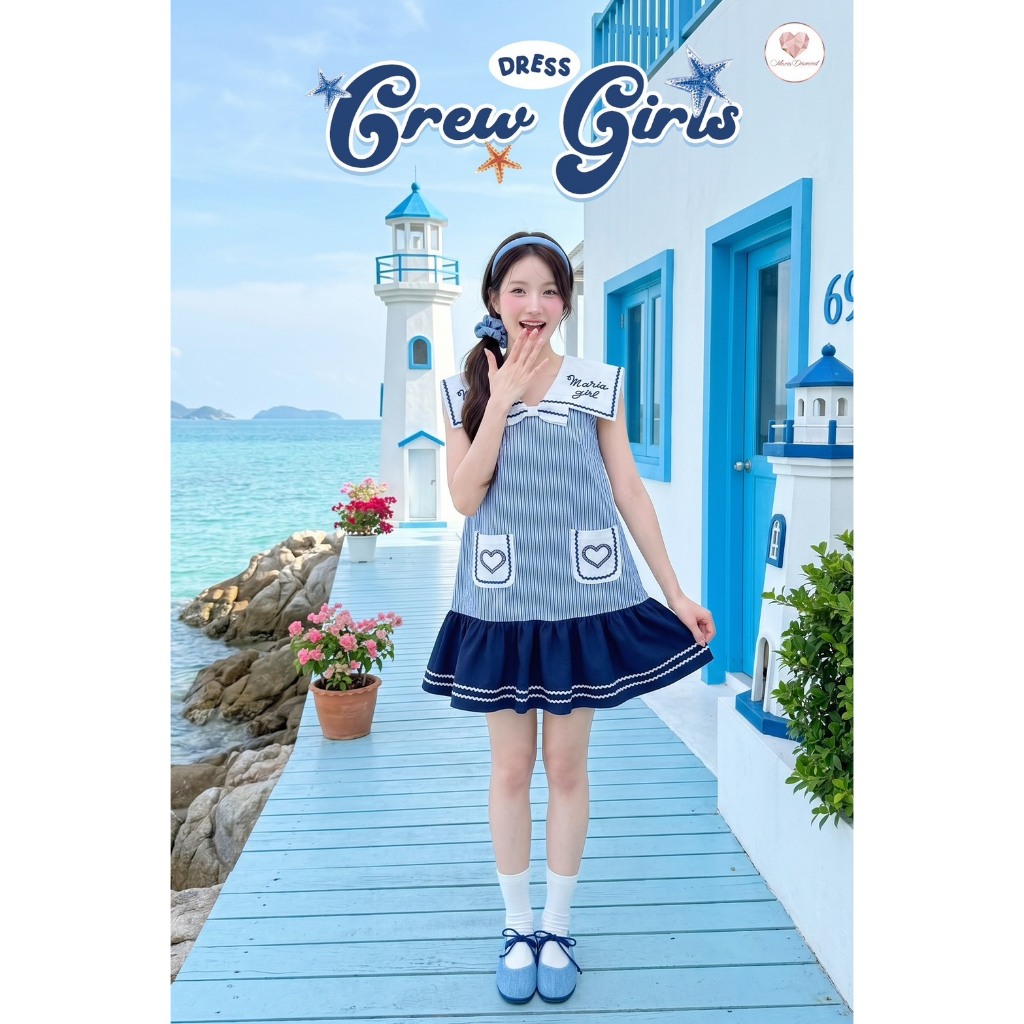 (มี3XL) Maria Diamond สีฟ้า Crew Girls Dress เดรสพิมพ์ลายผ้าเปเป้ ปกกะลาสีงานปัก กระโปรงระบาย ซิปหลัง มีซับใน