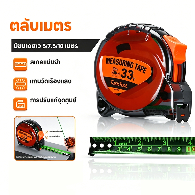 ตลับเมตร แถบไม้บรรทัดเรืองแสง ตลับเมตร 5/7.5/10 เมตร หน้ากว้าง 25 มม การวัดส่วนสูง การวัดการตกแต่ง เทปวัด 2ระบบ