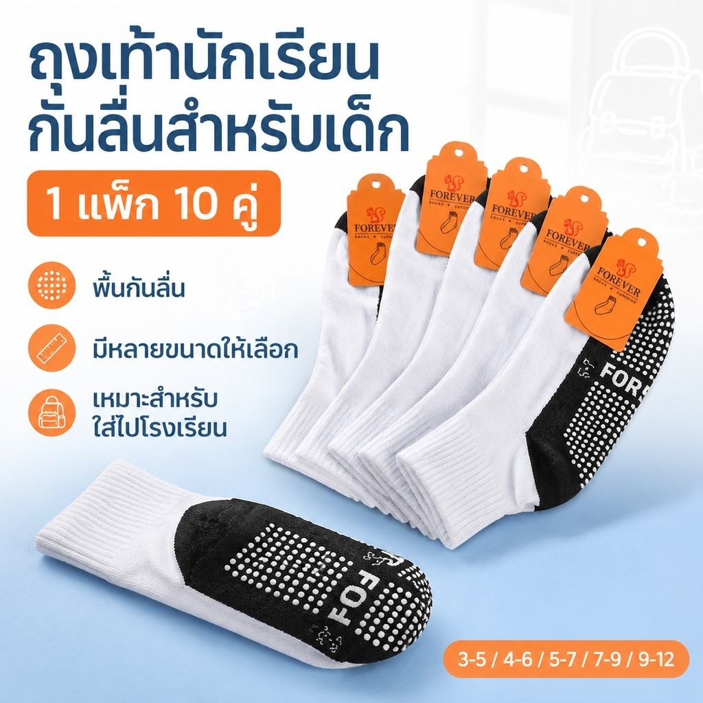 ถุงเท้านักเรียน ขาวพื้นเทากันลื่น แพ็ค 10คู่ มีปุ่มกันลื่นถึง 300 ปุ่ม มีขนาด3-5/4-6/5-7/7-9/ฟรีไซส์ ใส่สบายเท้า