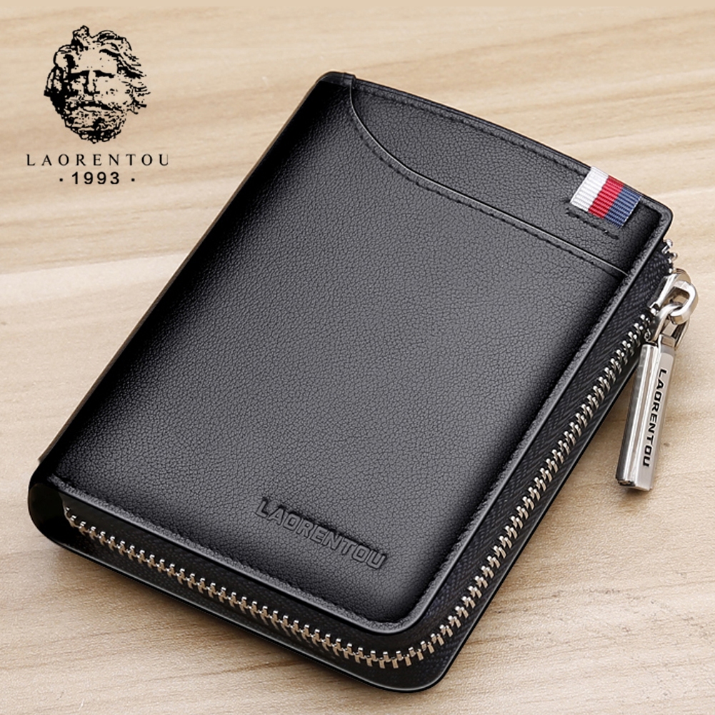 LAORENTOU กระเป๋าสตางค์ผู้ชายสั้น มีซิป หลายช่องใส่บัตร ดีไซน์เรียบง่าย เหมาะใช้ทุกวัน