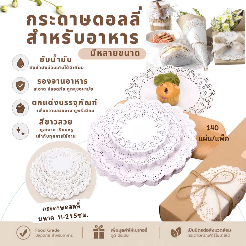 กระดาษดอลลี่ ลายลูกไม้ รองขนม ทรงกลม จำนวน 140แผ่น/แพ็ค ที่รองเค้ก รองก้นถุง ขนม และซับน้ำมัน