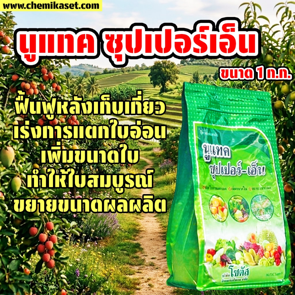 นูแทค ซุปเปอร์-เอ็น ขนาด 1 ก.ก. ปุ๋ยทางใบ ไนโตรเจนสูง เตรียมต้น เร่งแตกใบอ่อน เพิ่มขนาดใบ ขยายขนาดผล