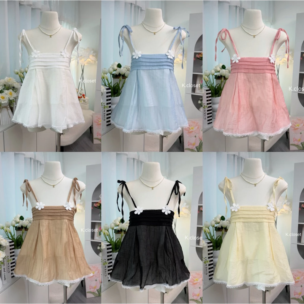 (อก28-38)เสื้อสายเดี่ยวผูกไหล่แต่งดอกเดซี่ สุดน่ารัก ผ้านุ่มเบาใส่สบาย ทรงปล่อยพรางหุ่นได้ดี