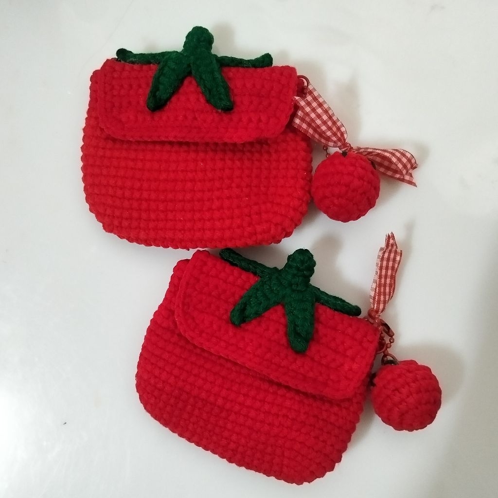 กระเป๋าถักไหมพรม ลายมะเขือเทศ 🍅 กระเป๋าใส่เหรียญ กระเป๋าใส่บัตร