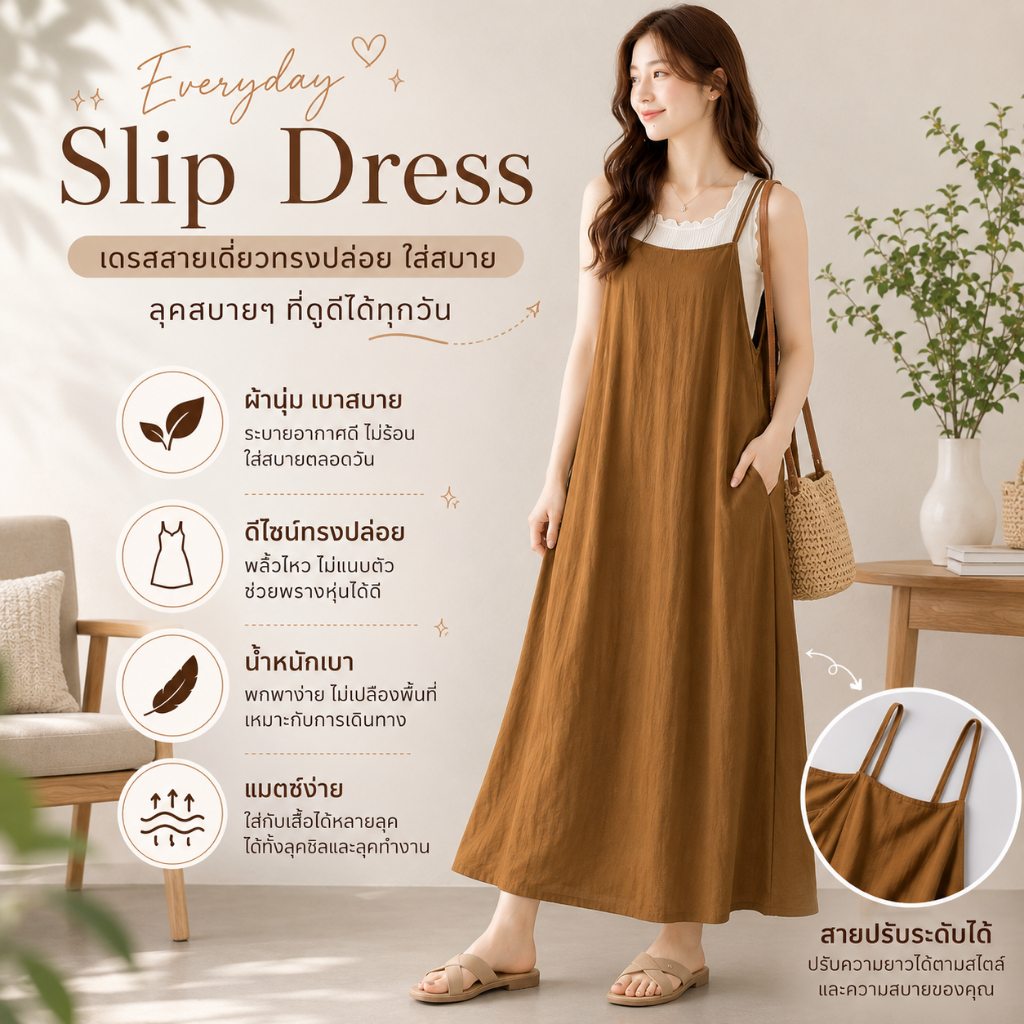 T030 ชุดเดรสสายเดี่ยว ทรงไอไลน์ FOUND GOOD เดรสยาวสายเดี่ยว กระโปรงยาว ผ้าลินินผสมคอตตอน สไตล์ MUJI