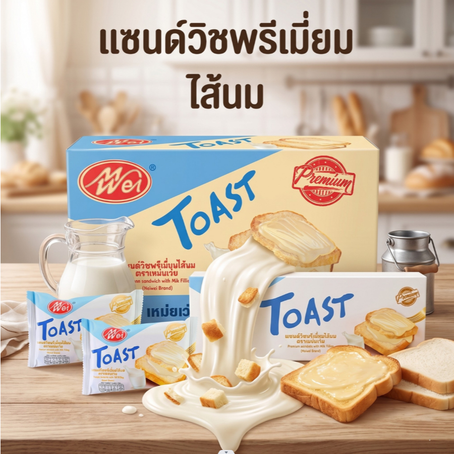 แซนด์วิชนมสดพรีเมียม แบรนด์ Meiwei | หวานกำลังดี นุ่มทุกคำ | 1 ลัง 12 กล่อง 144 ชิ้น รสชาติขายดี
