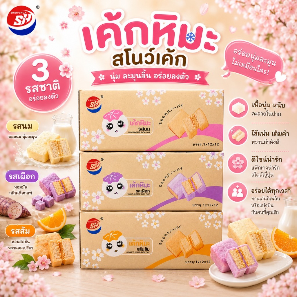 SHENGHUA เค้กหิมะ รสนม/เผือก/ส้ม 35g (ยกลัง 12 แพค 144 ซอง)