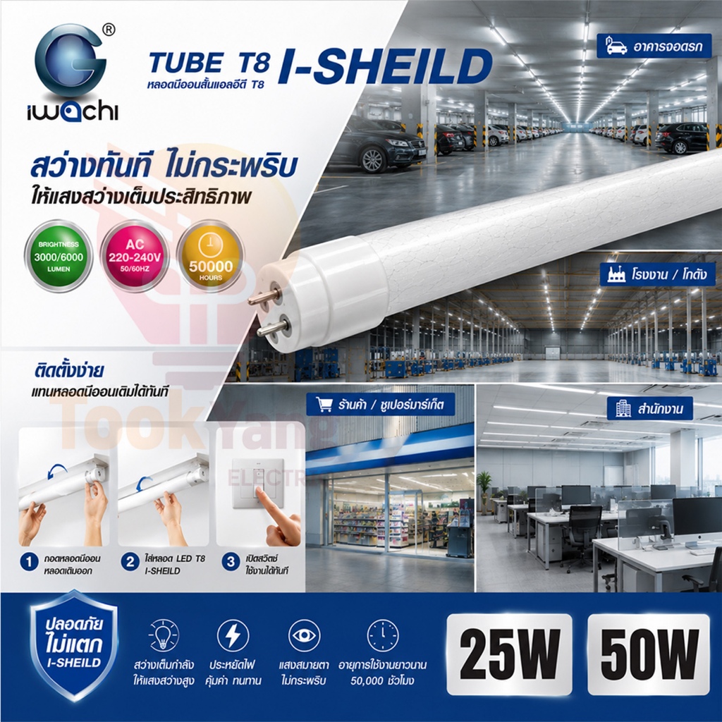 IWACHI หลอดไฟนีออน LED T8 DUO 25W 50W หลอดแอลอีดี หลอดไฟห้องนอน หลอดประหยัดไฟ (ไฟเข้าสองข้าง)แอลอีดี Double-Ended แสงขาว