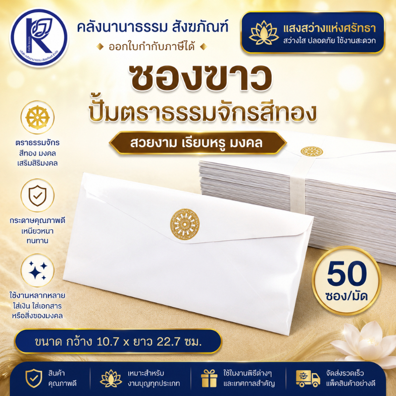 ✨ ซองขาวปั้มตราธรรมจักรสีทอง (50 ซอง/มัด) รหัส 16000957 | คลังนานาธรรม สังฆภัณฑ์