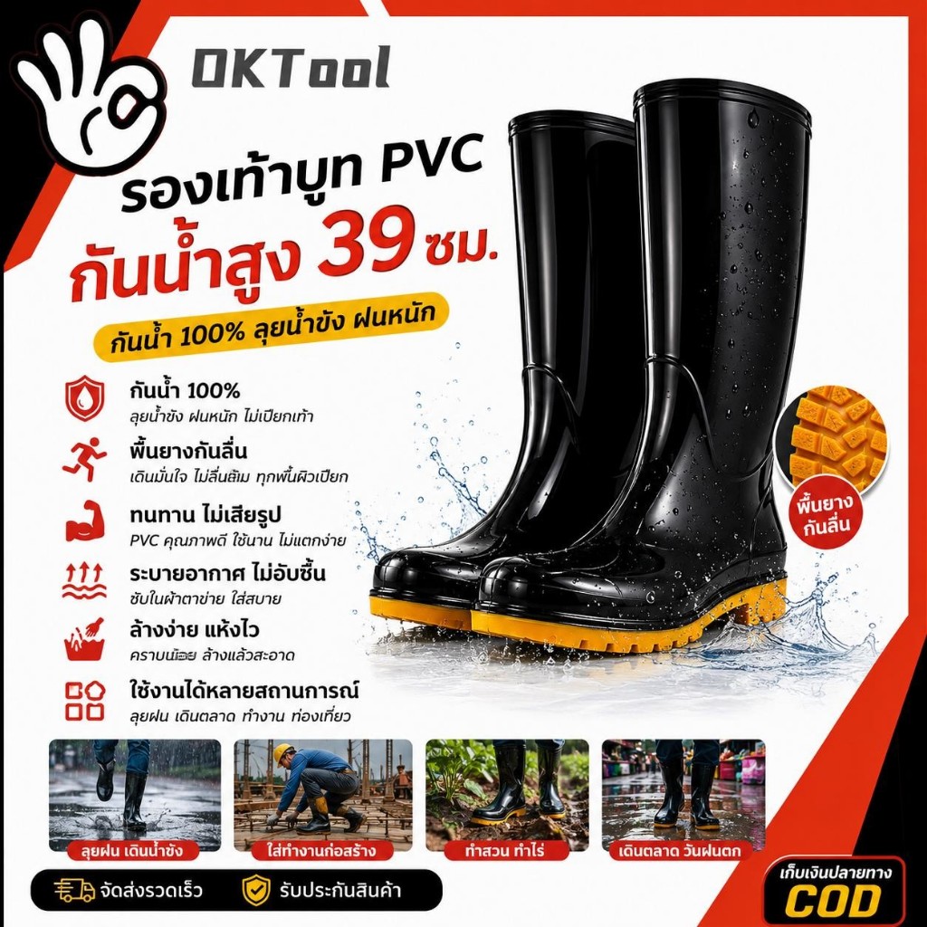รองเท้าบูทยางสีดำสูง รองเท้าบูทกันน้ำ กันน้ำ พื้นลายหยักกันลื่น เหมาะใช้ในงานโรงงาน ทำสวน ทำนา ทำไร่ ใส่สบายเท้า
