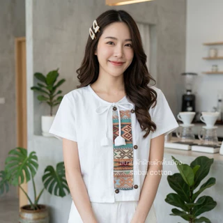 เสื้อผ้าฝ้าย คอกลมผูกโบว์ ผู้หญิง งานโบว์ทิวลิป แต่งเทปผ้าทอ ผ้านิ่ม ใส่สบาย ดีไซน์น่ารัก