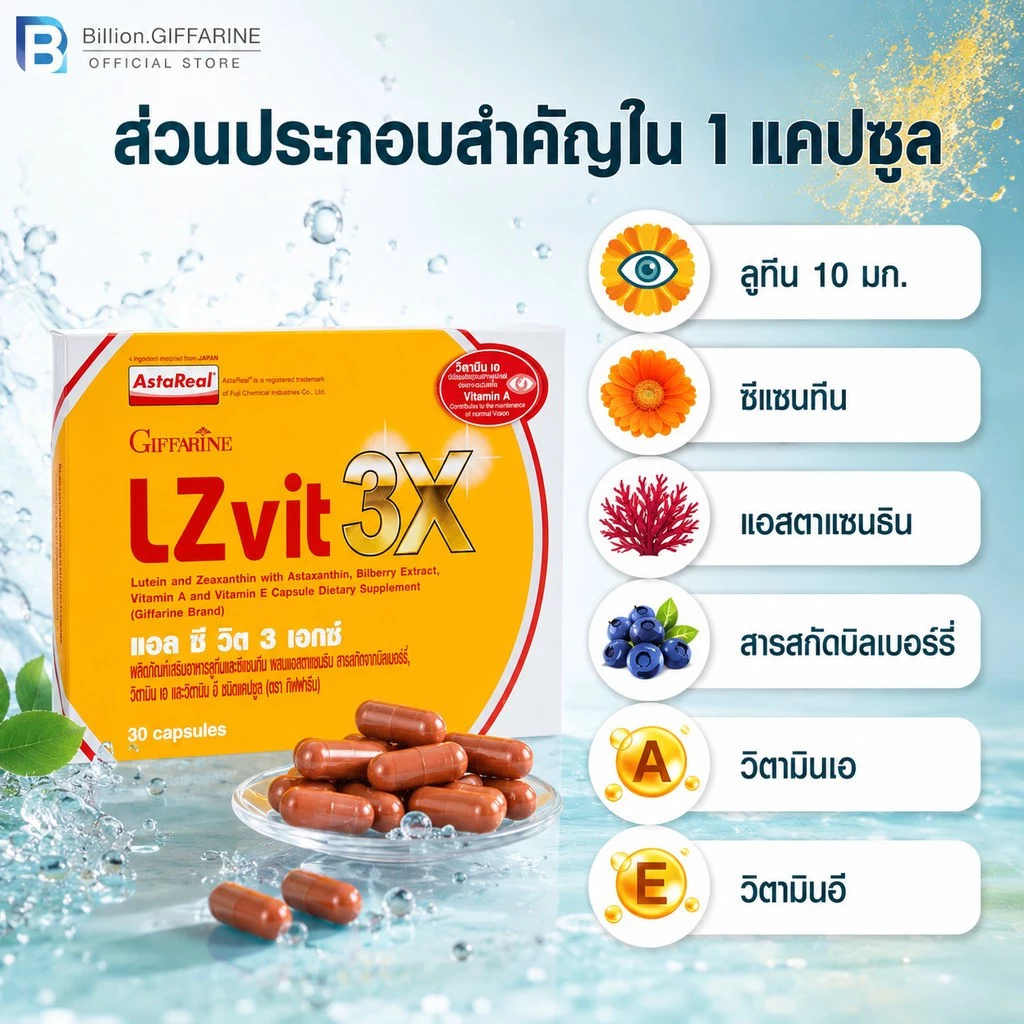 LZvit 3X GIFFARINE แอลซีวิต 3 เอกซ์ วิตามิน สูตรใหม่ เข้มข้นกว่าเดิม 3 เท่า บำรุงสายตา กรองแสงสีฟ้า thumbnail 4