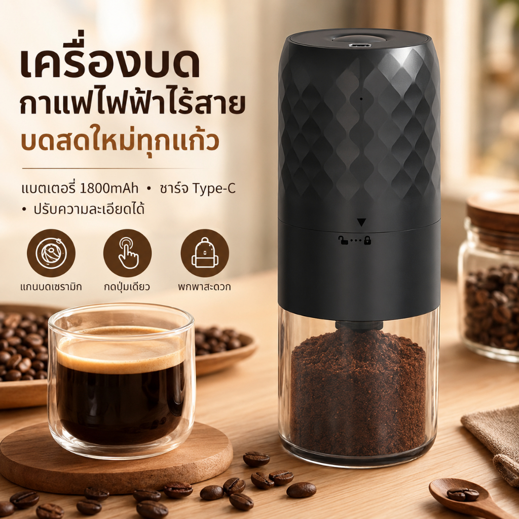 CLITON เครื่องบดกาแฟไฟฟ้าไร้สาย 1800mAh ปรับหยาบละเอียด แกนเซรามิก Type-C โถ 25g พกพาง่าย