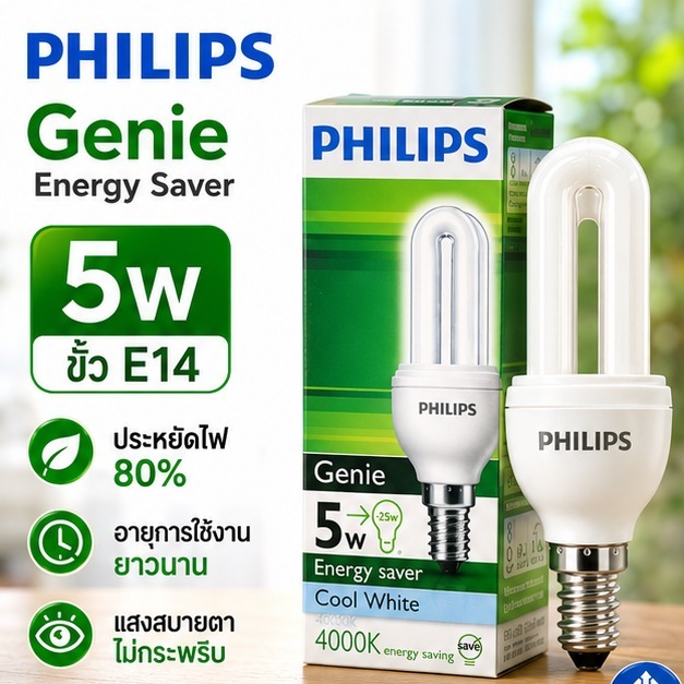 หลอดไฟ Philips Genie 5W ขั้ว E14 แสง Cool White เหลืองอ่อน 4000K Energy Saver