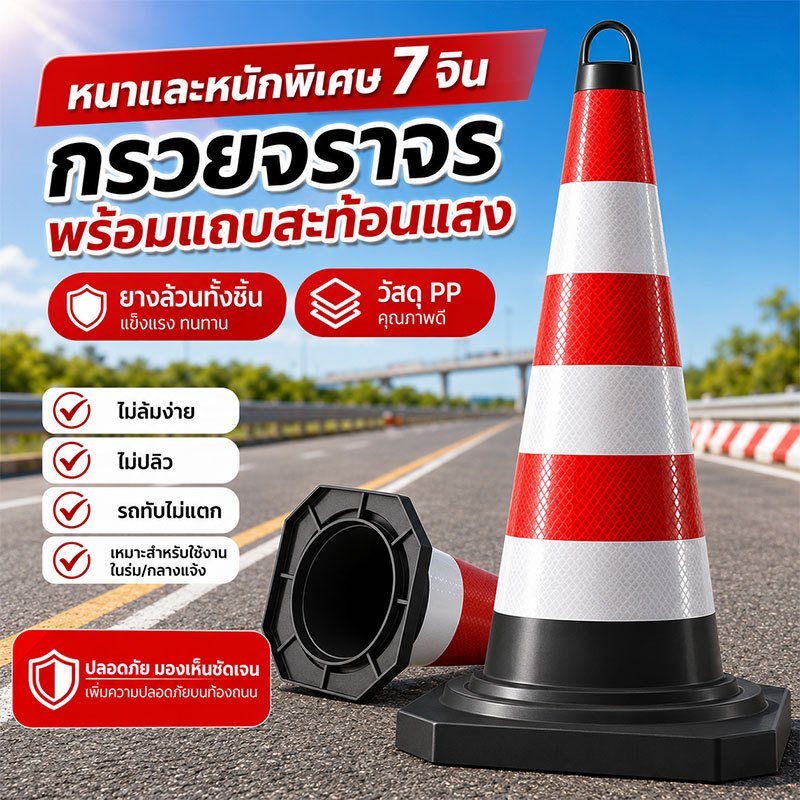 🔥พร้อมส่ง🔥กรวยจราจร พร้อมแถบสะท้อนแสง กรวยยาง กรวยกั้นถนน อุปกรณ์จราจร 70 75 90ซม