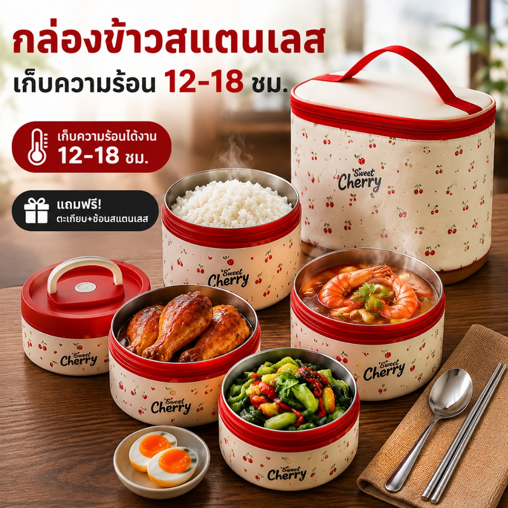 กล่องอาหารกลางวันสแตนเลส 304 กล่องข้าวเบนโตะเก็บความร้อน แบบพกพา กันรั่วซึม ฝาปิดแน่น ใช้สำหรับพกไปทำงาน นักเรียน และเดิ