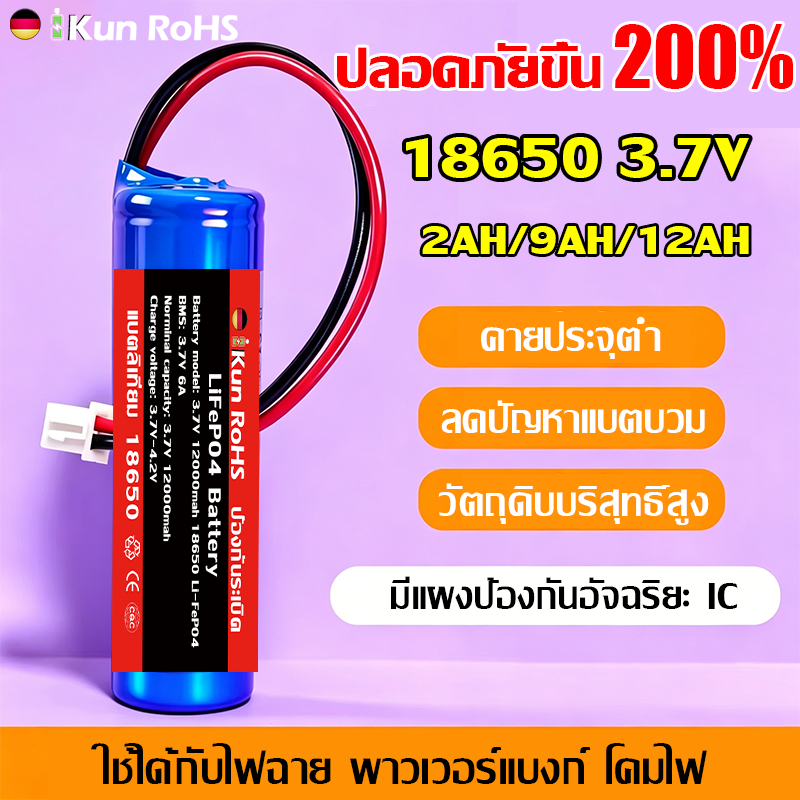 💥ปลอดภัยขึ้น 200%💥 แบตเตอรี่ 18650 3.7V 6000mah พร้อมแผ่นป้องกัน สายไฟหัวโมเลค2พิน ถ่านชาร์จ โซล่าเซลล์ แบตเตอรี่ลิเธีย