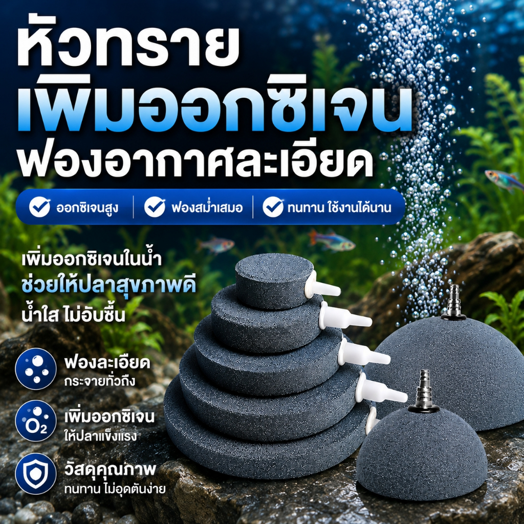 หัวทรายตู้ปลา หัวทรายเพิ่มออกซิเจน ฟองละเอียด ปั๊มลมตู้ปลา ออกซิเจนตู้ปลา จานทราย ฟองอากาศละเอียด อุปกรณ์ตู้ปลา น้ำใส