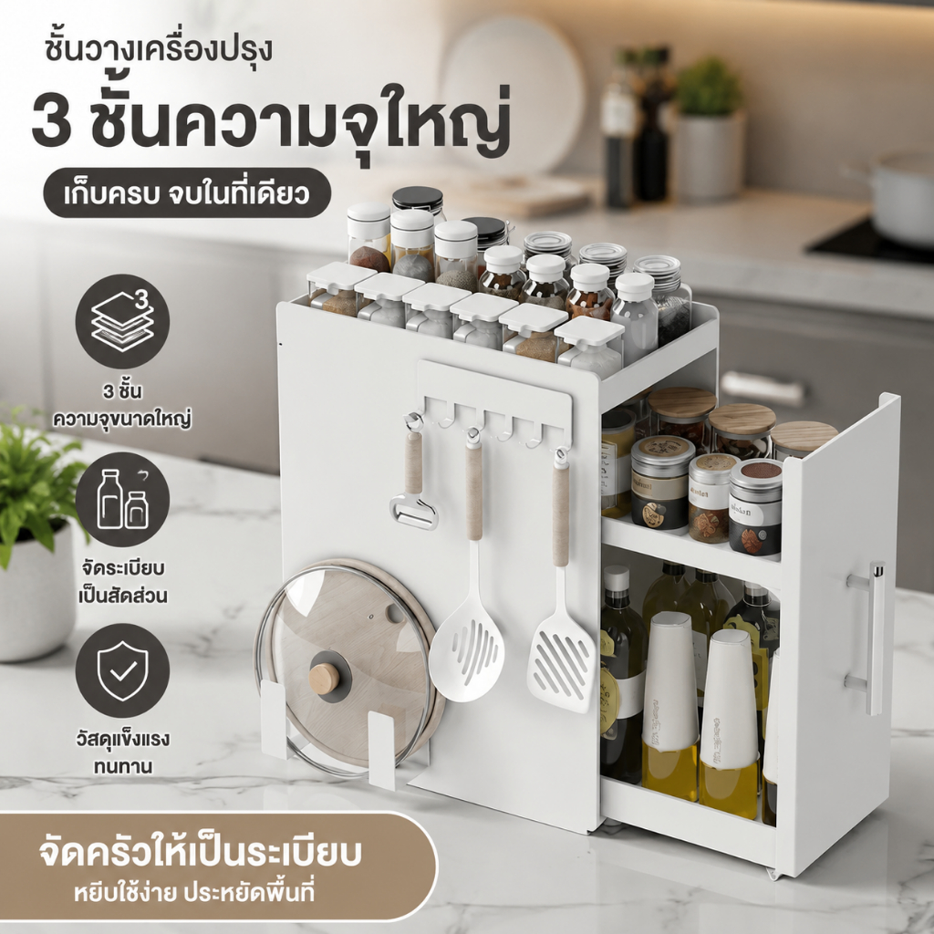 ตู้เก็บเครื่องปรุง แบบดึงออกได้ 2/3 ชั้น ประหยัดพื้นที่ ใช้งานง่าย กันฝุ่น เหมาะสำหรับครัวแคบ จัดระเบียบเครื่องปรุงอย่าง