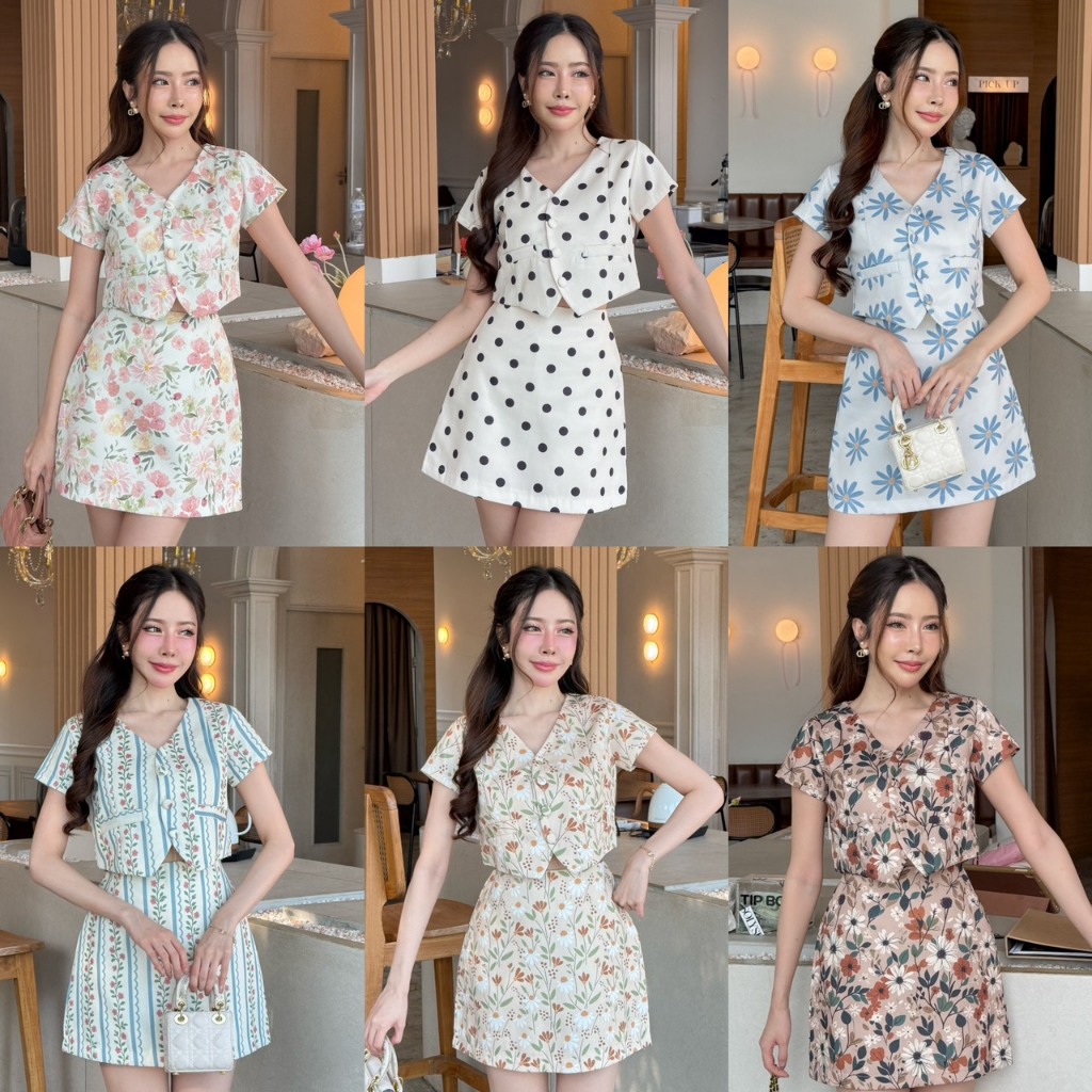[S-3XL] ชุดเซ็ทเสื้อครอปชายวีกระโปรงสั้นลายดอกผ้าหนามีซับใน.V1
