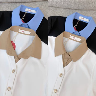 POI เสื้อเชิ้ตคอปกผ้าเจลลี่แขนสั้นซ้อนทูโทน L055D7