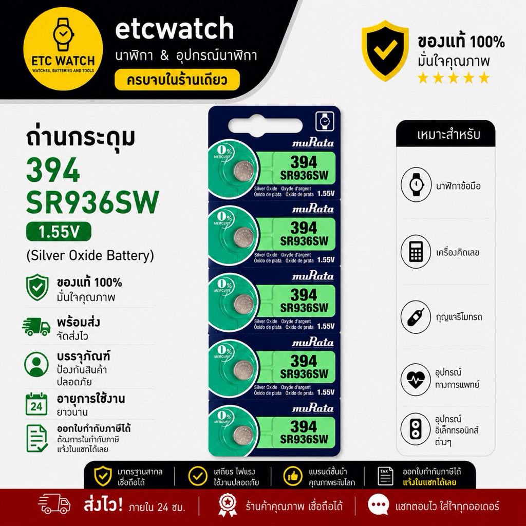 ถ่านกระดุม Murata SR936SW / 394 1แผง 5 ก้อน