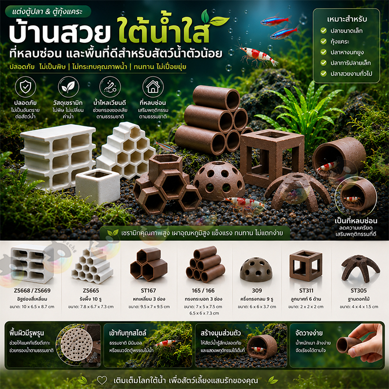 บ้านเซรามิกตู้ปลา ที่หลบซ่อนกุ้งแคระ ตกแต่งตู้ปลา ลดความเครียด