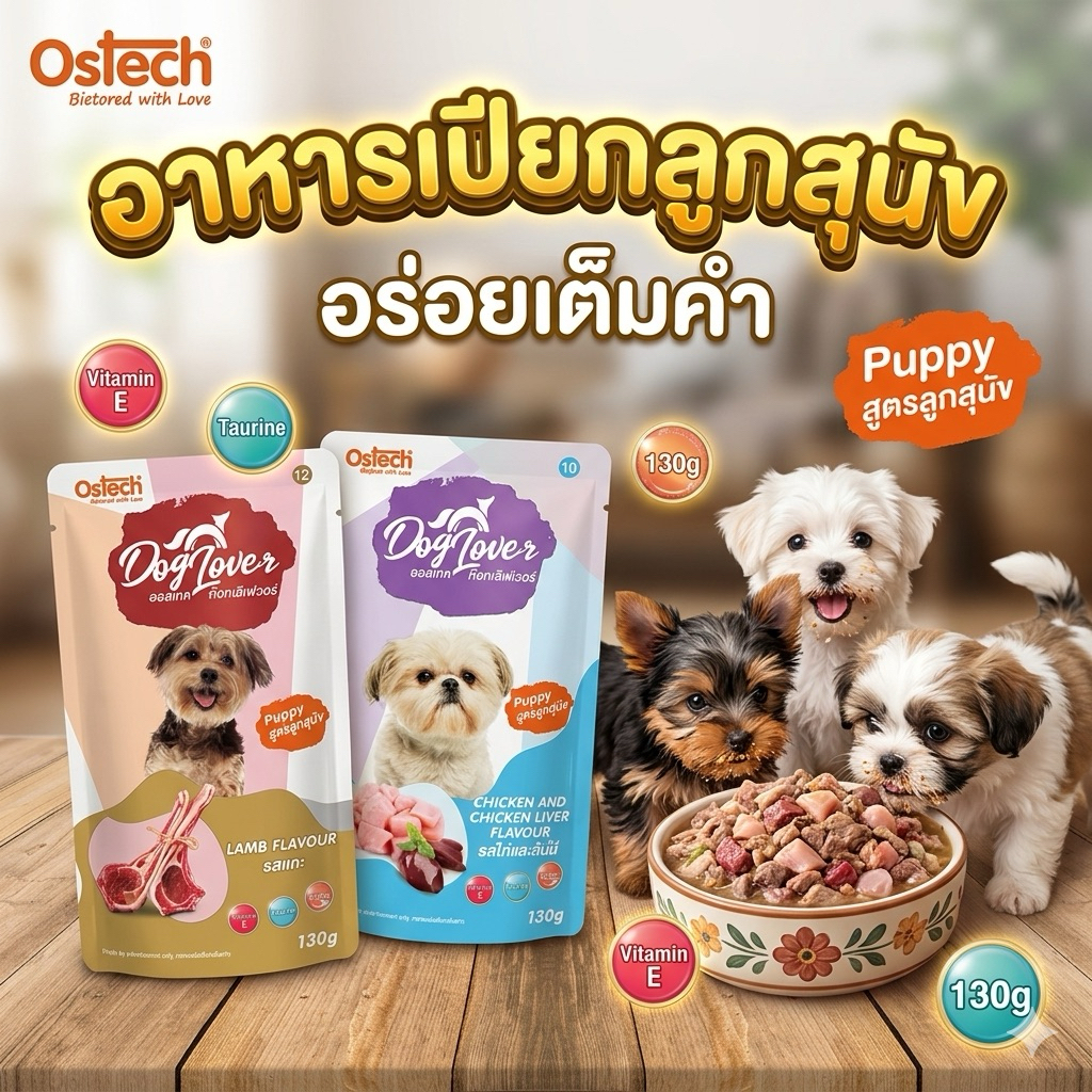 อาหารเปียกสุนัข Ostech Dog Lover เนื้อสัตว์แท้ 230กรัม สำหรับลูกสุนัข