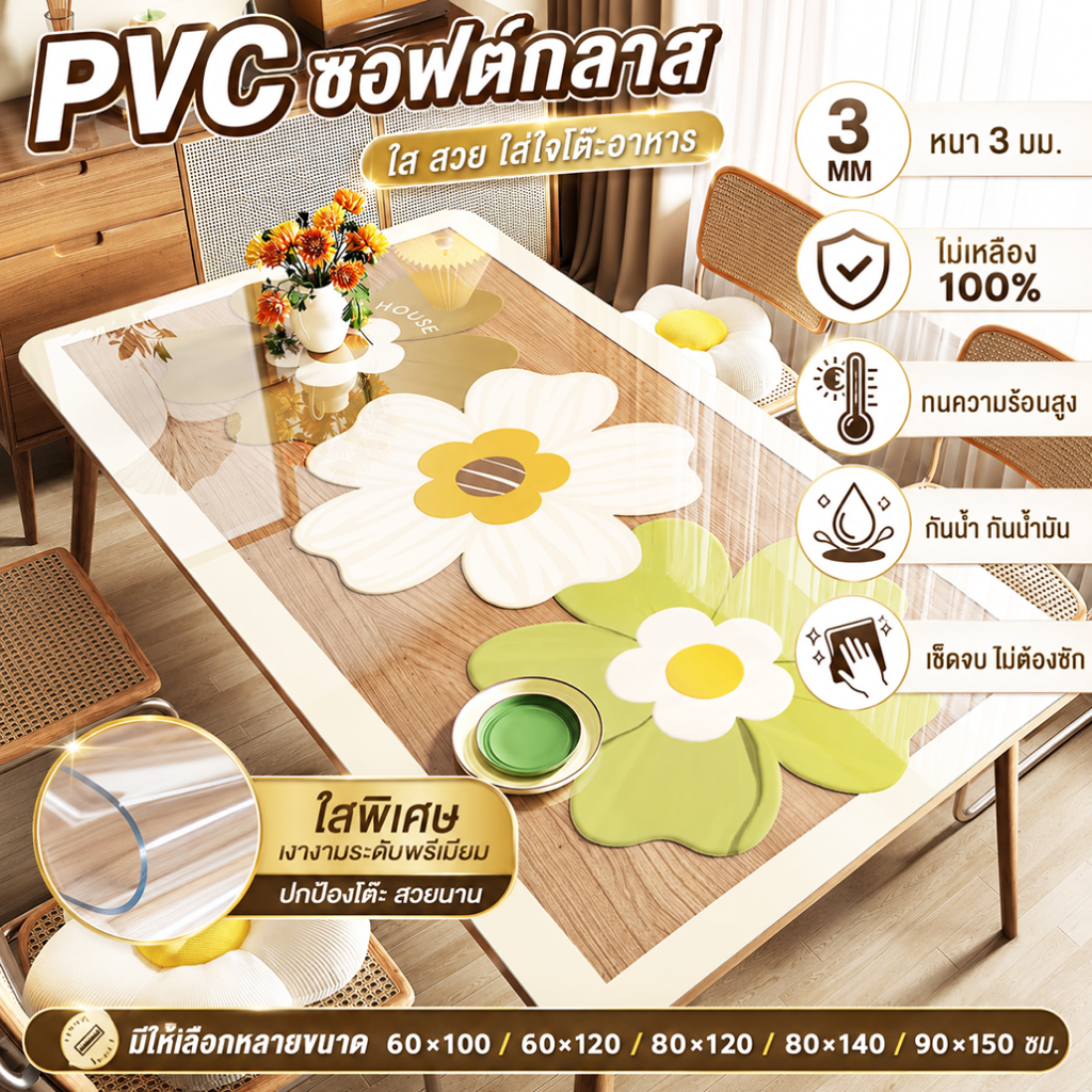 【PVC】ผ้าปูโต๊ะ โปร่งใส ใส 3.0mm กันน้ำและกันน้ำมัน ทำความสะอาดง่าย ทนอุณหภูมิสูงได้ถึง 100°C