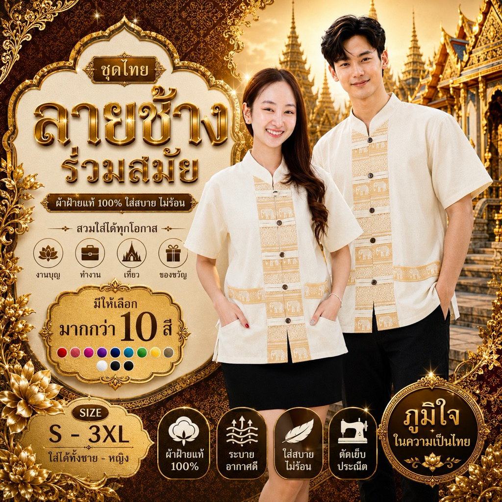 เสื้อคู่/ชายหญิง ช้างสีครีม ผ่าหน้า5กระดุม