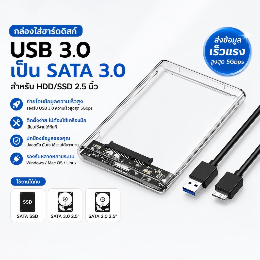 กล่องฮาร์ดดิสก์ 2.5 นิ้ว USB 3.0 SATA กล่องใส่ HDD SSD External Box รองรับ SSD/HDD แบบใส ใช้งานง่าย