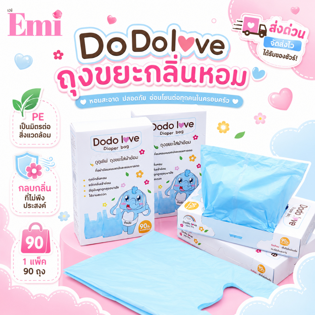 DODOLOVE  ส่งด่วน ถุงขยะ กลิ่นหอม 1 กล่อง 90 ชิ้น ถุงขยะเด็กเก็บแพมเพิส อเนกประสงค์ ลดกลิ่นอับ สะอาดปลอดภัย