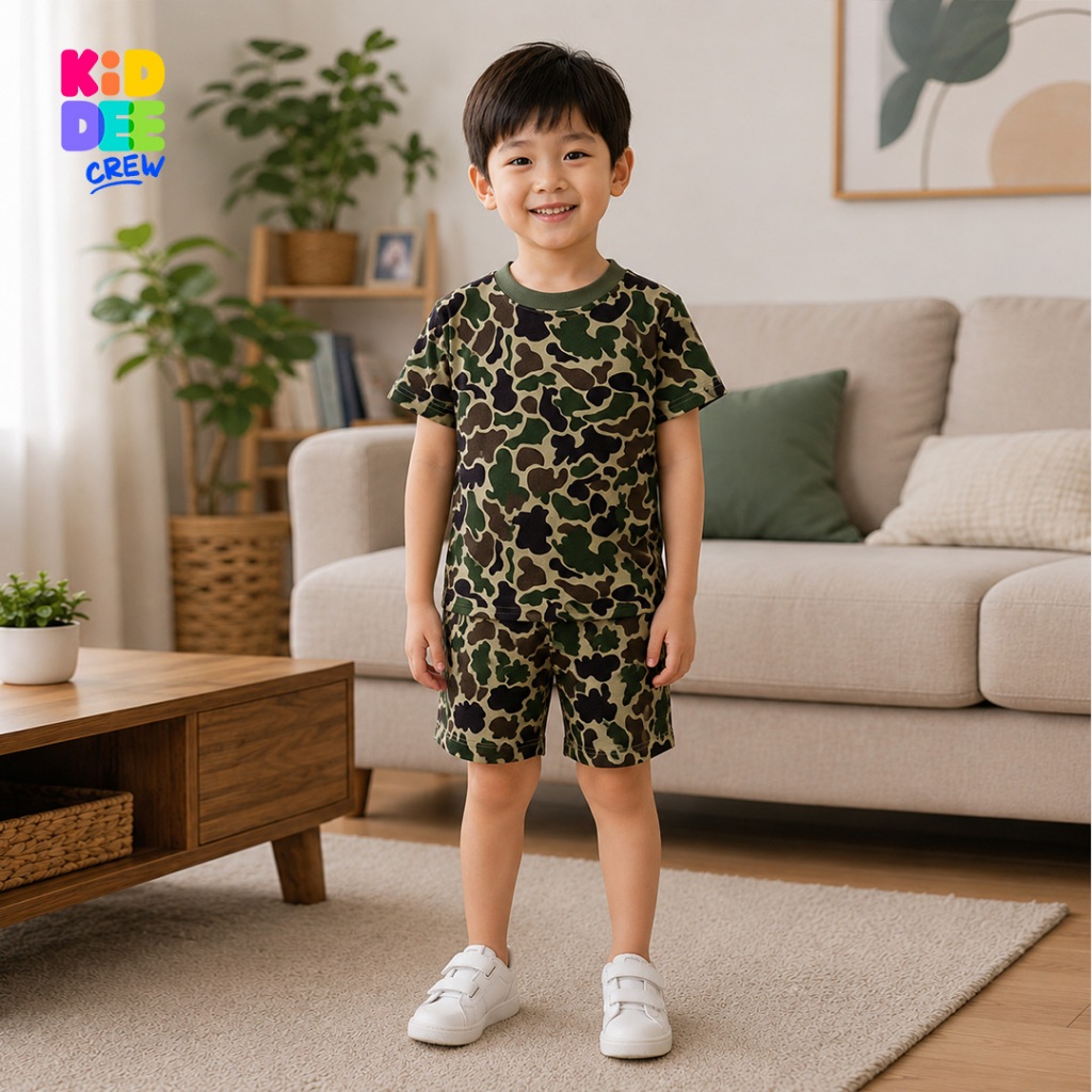 KiddeeCrew ชุดเซ็ทเด็ก เสื้อกางเกงแขนขาสั้น ผ้าcotton100% เสื้อผ้าเด็กลาย เขียวทหาร เหมาะอายุ 1 ปีถึง 12 ปี