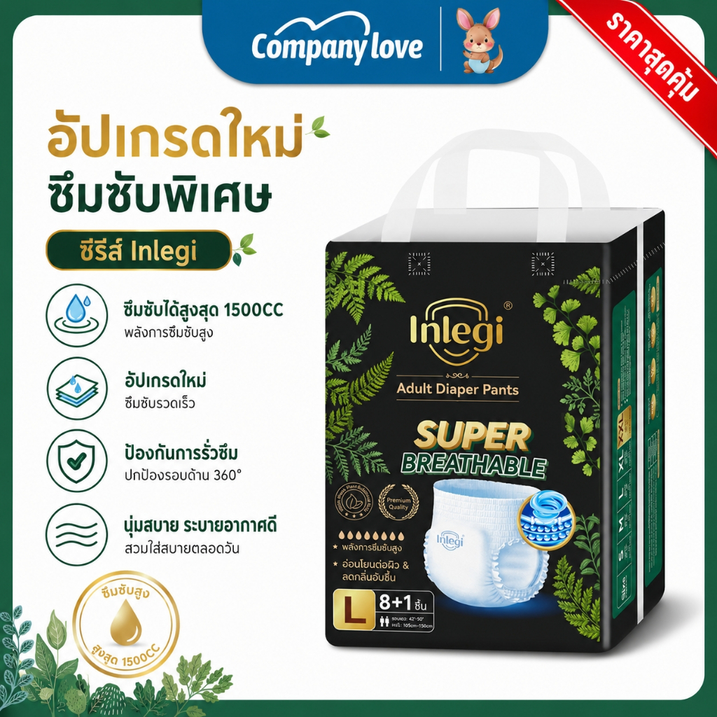 【รุ่นอัปเกรดใหม่】INLEGI ผ้าอ้อมผู้ใหญ่แบบกางเกง นุ่มสบาย ใส่ง่าย ซึมซับ 1500 ซีซี Companylove กางเกงผ้าอ้อมผู้ใหญ่