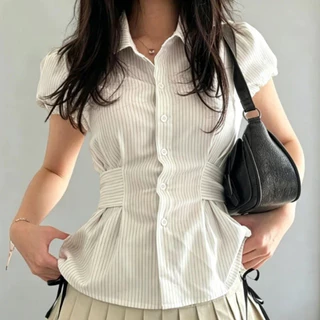เสื้อเชิ้ตแขนสั้น แขนพอง สายรัดทรงรัดเอว ลายทางบาง สไตล์เกาหลี ใส่ได้ทุกชุด