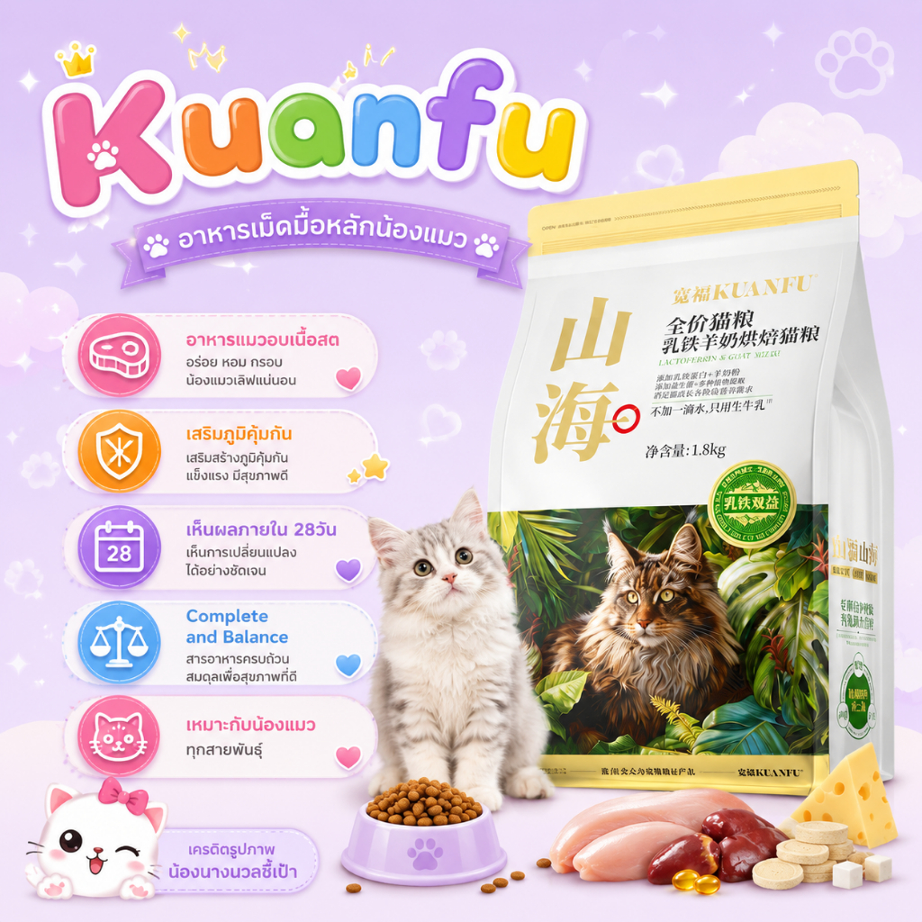 Kuanfu อาหารเม็ดแมว สูตรนมแพะ Complete & Balance เสริมภูมิคุ้มกัน เห็นผลใน 28 วัน