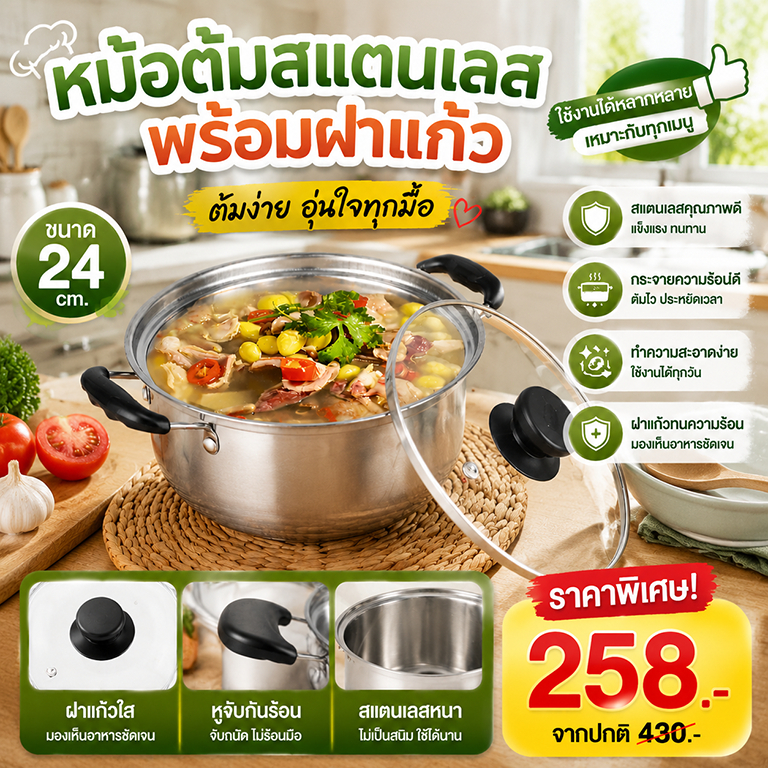🥘ไม่ติดกระทะ🥘หม้อซุป หม้อสแตนเลส 304 พร้อมฝากระจก ใช้กับเตาแม่เหล็กไฟฟ้าได้ หม้อชาบู2ช่อง เครื่องครัวประจำบ้าน หม้อ