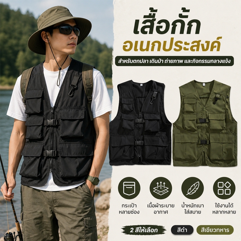 เสื้อกั๊กผู้ชาย เสื้อกั๊ก มีไซส์ M-3XL เหมาะสำหรับการเดินทางและเดินป่า น้ำหนักเบา ระบายอากาศได้ดี กันน้ำ ทรงหลวม