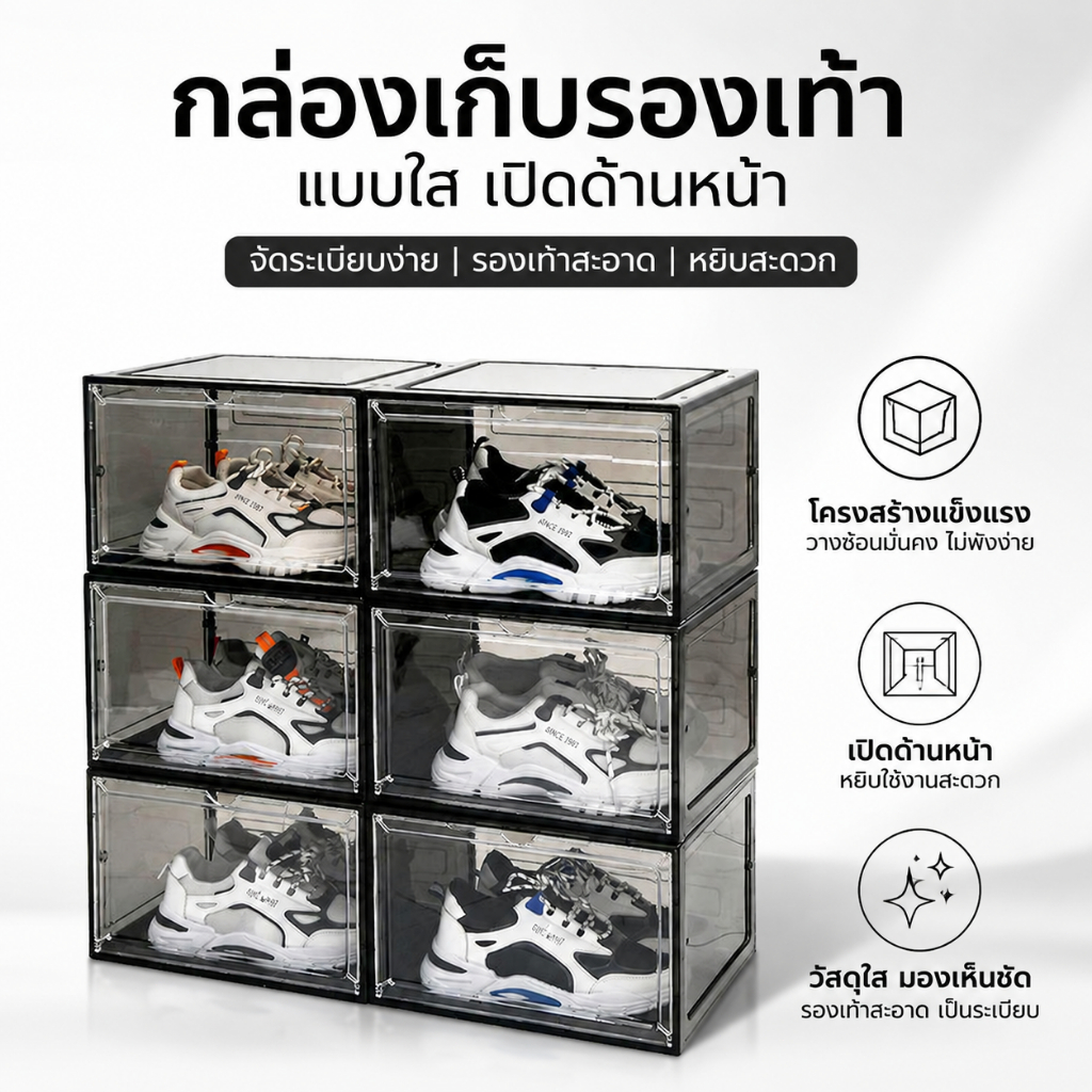 [ซื้อ 7 แถม 5 🔥]กล่องใส่รองเท้า พลาสติกแข็งใส กล่องรองเท้า สามารถซ้อนได้หลายชั้น ฝาเปิดด้านหน้า