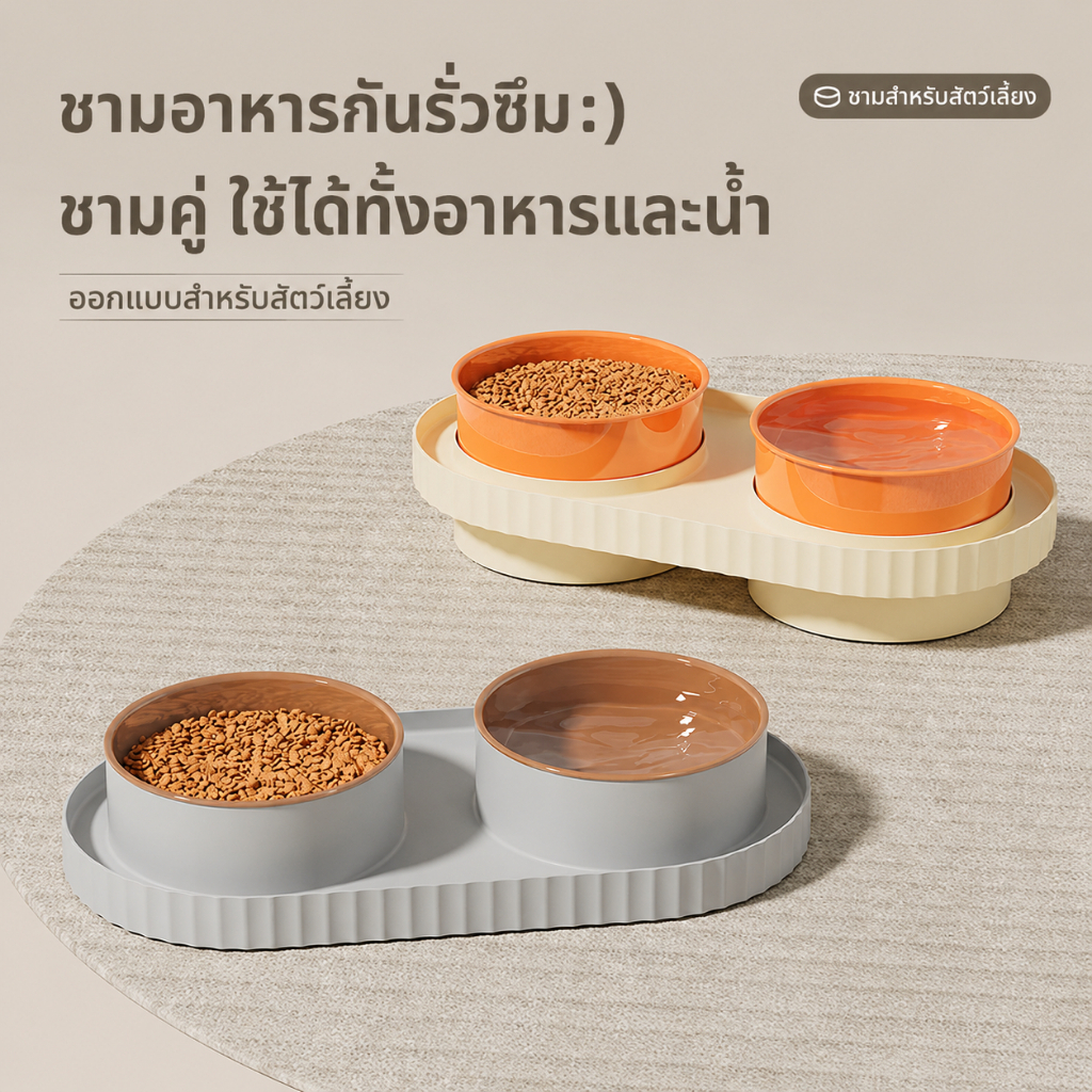 PP A68-2 ชามอาหารสัตว์เลี้ยงแบบคู่ ปรับสูง–ต่ำได้ | กันอาหารหก | จุใหญ่ 550 มล. | ถอดล้างสะดวก