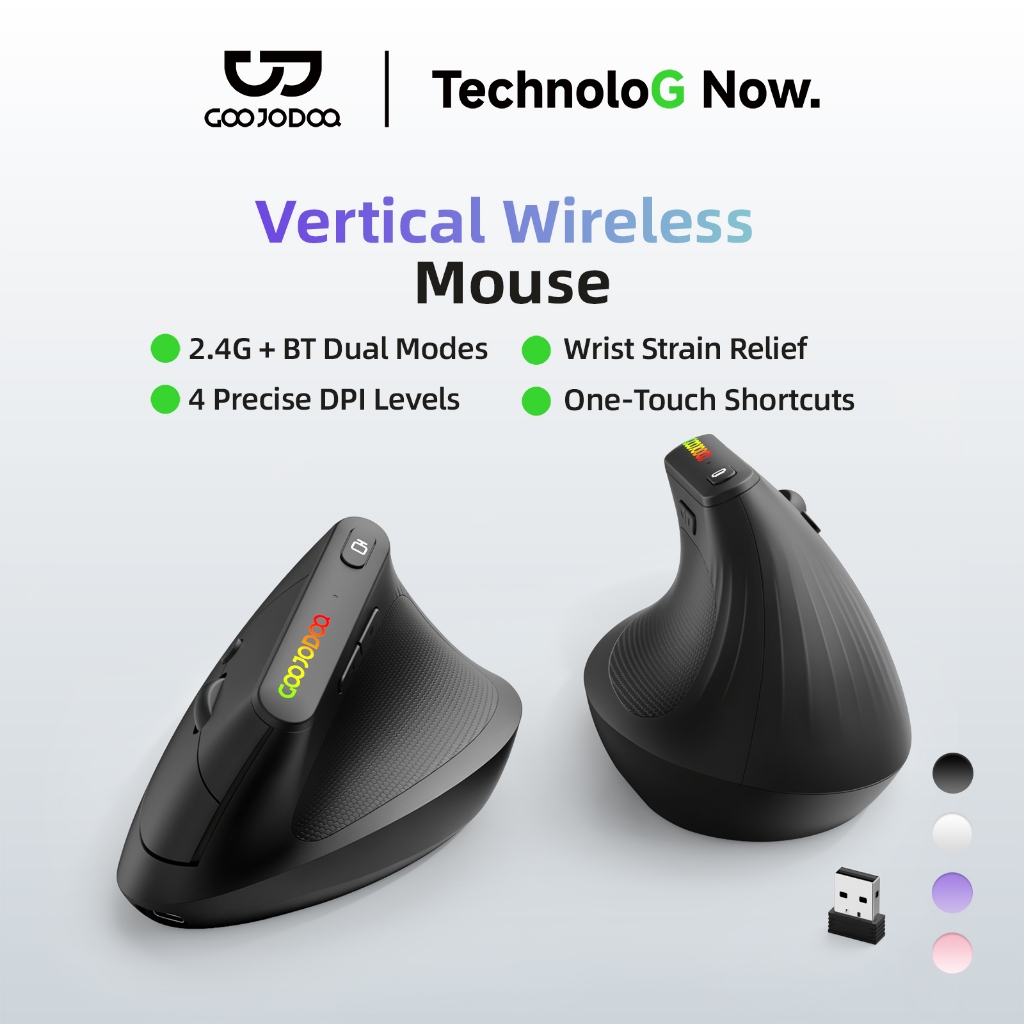 GOOJODOQ เมาส์ที่ออกแบบตามหลักสรีรศาสตร์ โหมดคู่ 3200Dpi การทำงานเงียบสนิท การชาร์จแบบ Type-C Mouse