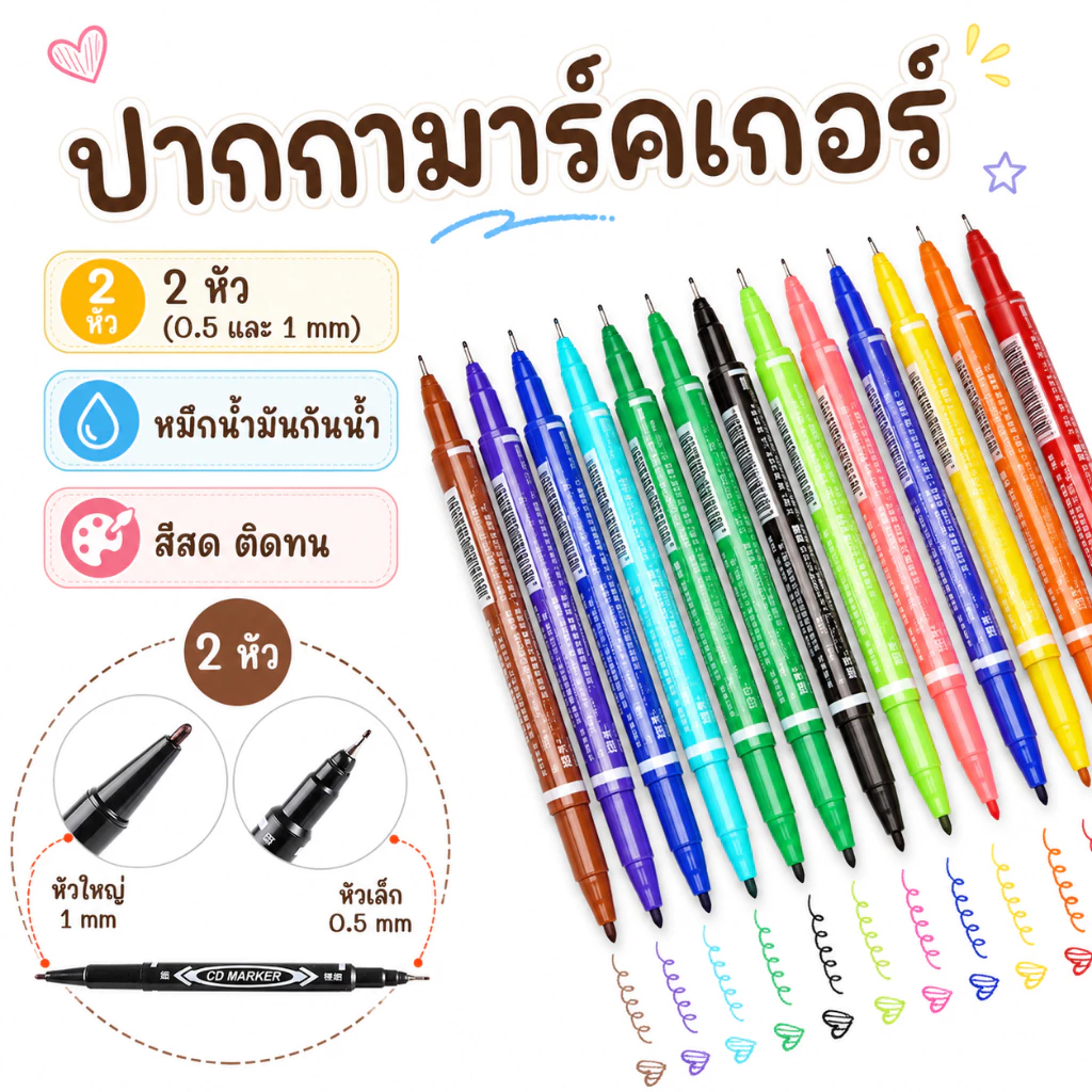 ปากกามาร์คเกอร์ ปากกาเคมี 2 หัว (0.5 และ 1 mm) หมึกน้ำมันกันน้ำ สีสดติดทน เขียนซองพลาสติก ซองไปรษณีย์ แก้ว ซีดี