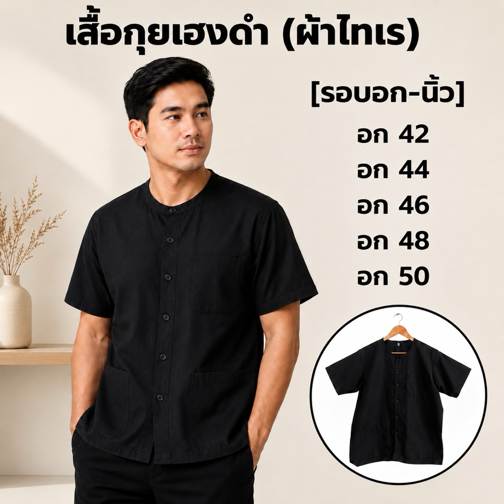 เสื้อกุยเฮงสีดำ (Super Black) เสื้อคอกลมสีดำ ผ้าโทเร (รอบอก 42-50 นิ้ว)
