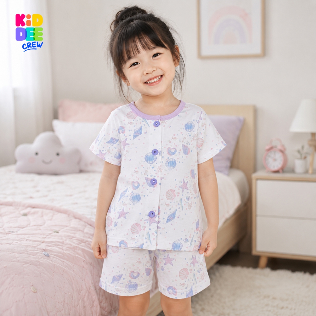 KiddeeCrew ชุดนอนเด็ก แขนสั้นขาสั้น สีครีมไอศครีม เหมาะสำหรับอายุ 1-12 ปี