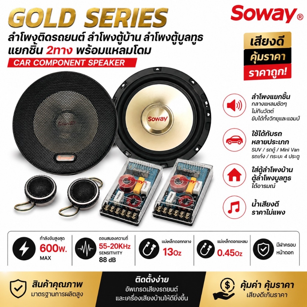 💥เบสกว้าง แหลมไม่แสบหู💥 Soway sw6525 ลำโพงเสียงกลางแยกชิ้น 6.5 นิ้ว เบสกลางพร้อมทวิตเตอร์โดม พาสซีฟกรองเสียงเพราะขึ้น