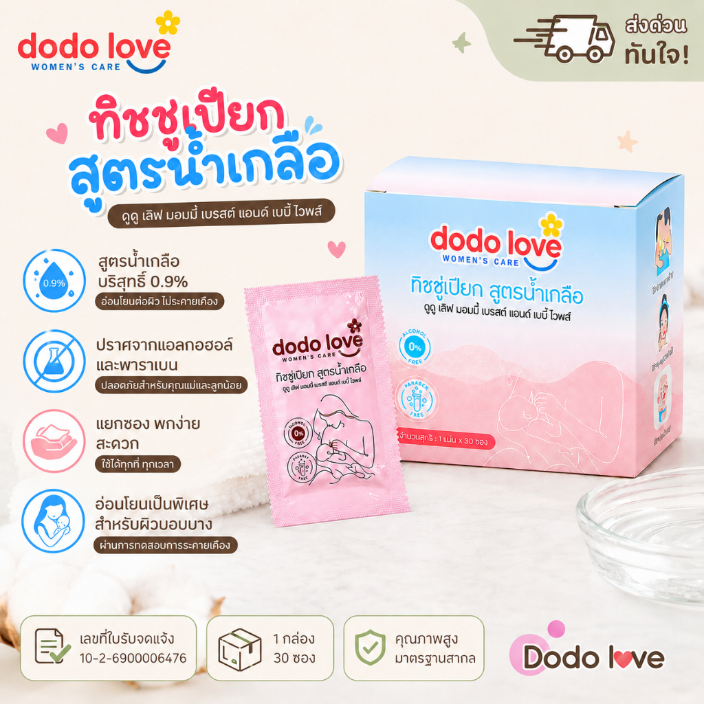 ส่งด่วน DoDolove ทิชชู่เปียกสูตรน้ำเกลือ 0.9% 30 ซอง แยกซองพกพา อ่อนโยน ไม่ระคายเคือง ใช้ได้ทุกที่