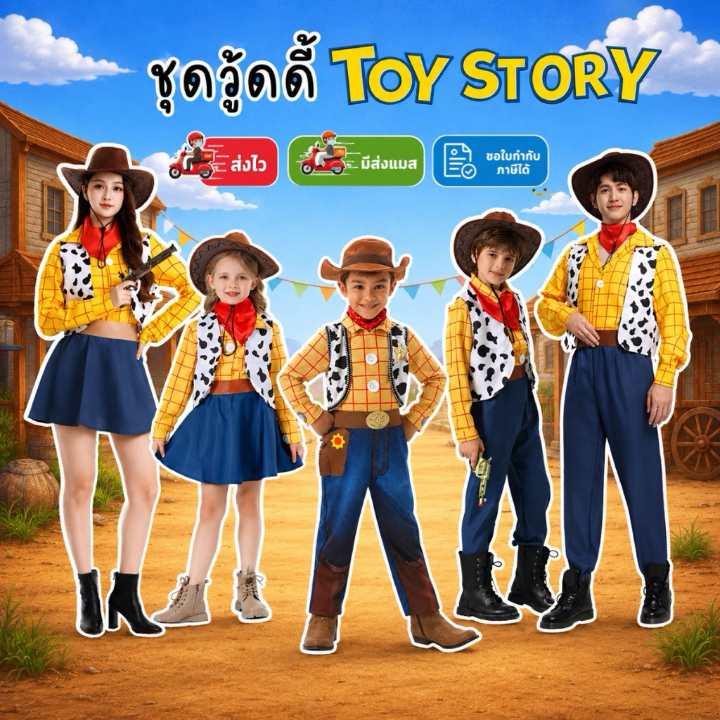 🔥มีส่งแมส จาก กทม🔥ชุดวู้ดดี้ ชุดคาวบอย เด็ก-ผู้ใหญ่ นายอำเภอวู้ดดี้ ทอยสตอรี่