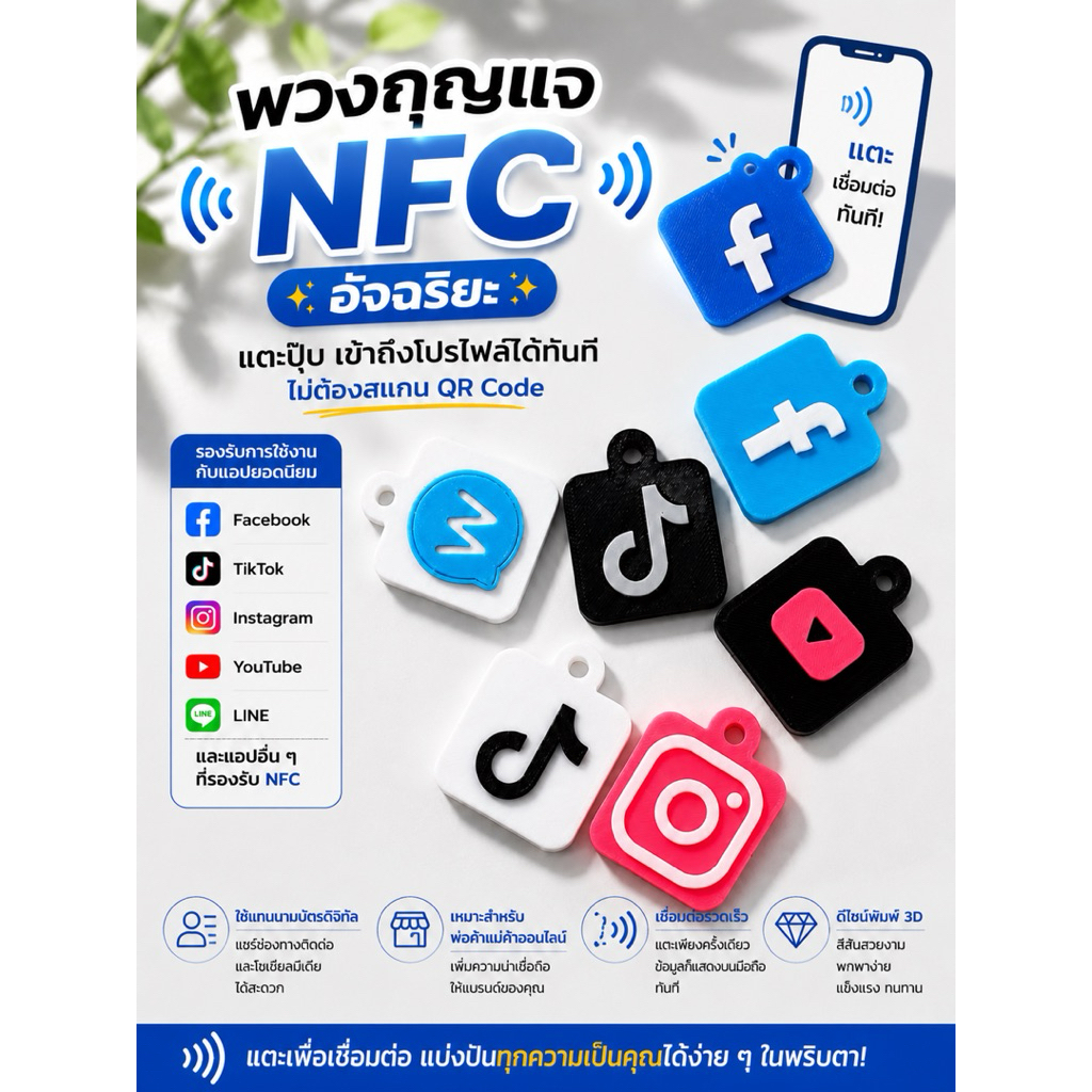 พวงกุญแจ NFC สำหรับสแกนเข้า Application Socail Mediaต่างๆ งาน 3D Print วัสดุ PETG